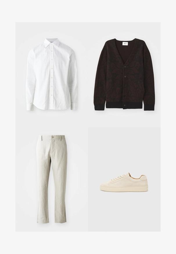 NN.07 MICHAEL CARDIGAN - Jopica - black; Bela srajca z dolgimi rokavi iz mešanice bombaža, ki se ponaša z diskretnim vzorcem mreže, standardnim ovratnikom, gumbastim zapiranjem in manšetami. Gladka tekstura.; Svetlo bež lanene hlače s ravnim krojem, subtilno teksturo, sprednjim gumbom in dvema stranskima žepoma. Oblikovane za čist silhuet.; Bež suède teniska z nizkim dizajnom, okroglim prstom, ravnimi čipkami in teksturirano gumijasto podplatom. Minimalističen slog brez vidnih logotipov.