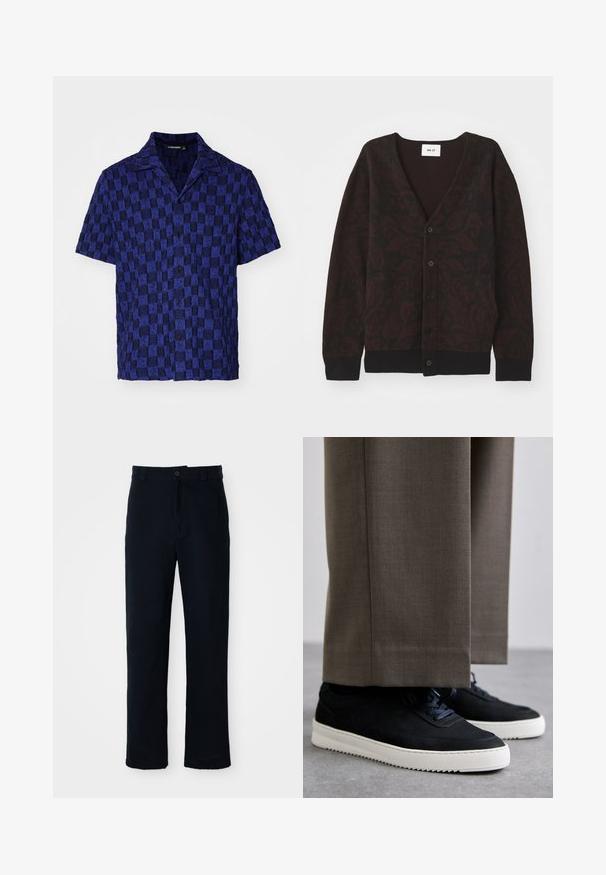 NN.07 MICHAEL CARDIGAN - Cardigan - black; J.LINDEBERG TORPA RESORT - Cămașă - bridge stack blue; Pantaloni bleumarin din bumbac, cu un design drept, închidere frontală cu nasture și talie clasică cu bucle pentru curea.; Tenisi din suede negru cu talpă din cauciuc alb, având vârf rotunjit și șireturi, purtați cu pantaloni gri ajustați.