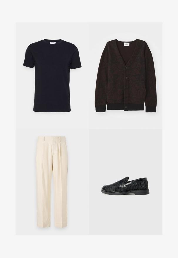 NN.07 MICHAEL CARDIGAN - Vesta na kopčanje - black; Crna majica kratkih rukava s okruglim izrezom, s malom bijelom oznakom unutar izreza.; NN.07 KAY - Hlače - off white; Crne pletene cipele bez pertli s glatkim kožnim naglaskom na gornjem dijelu, s dizajnom okruglog nosa i niskoprofilnom gumenom đonom.