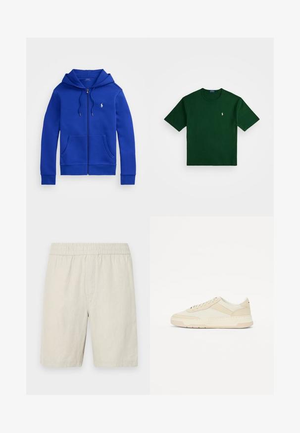 Blå hettegenser med glidelås, frontlommer, snorhette og liten hvit Polo Ralph Lauren-logo på brystet.; Polo Ralph Lauren RELAXED FIT LOGO JERSEY T-SHIRT - T-shirts med print - northwest pine; Beige linsjorts med elastisk midje, med en jevn tekstur og en rett snittdesign som slutter rett over kneet.; Beige sneakers laget av glatt lær og tekstil; lavprofil design med rund tå og snøring; teksturerte sideakenter.