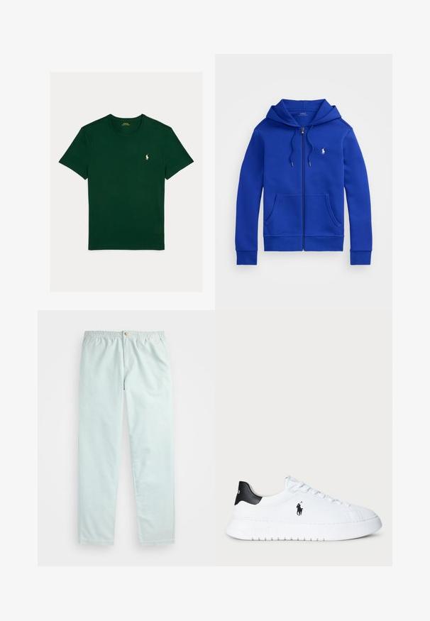 Kék zipzáras kapucnis pulóver elülső zsebekkel, húzózsinóros kapucnival, és kis fehér Polo Ralph Lauren logóval a mellkason.; Polo Ralph Lauren CUSTOM SLIM FIT JERSEY CREWNECK T-SHIRT - Basic póló - moss agate; Világoskék, laza szabású nadrág, elasztikus derékpánttal, oldalsó zsebekkel és egy gombos záródással elöl.; Fehér alacsony szárú sportcipő fekete saroktabbal és fekete Polo Ralph Lauren logóval az oldalon, fehér fűzőkkel és vastag gumitalppal.