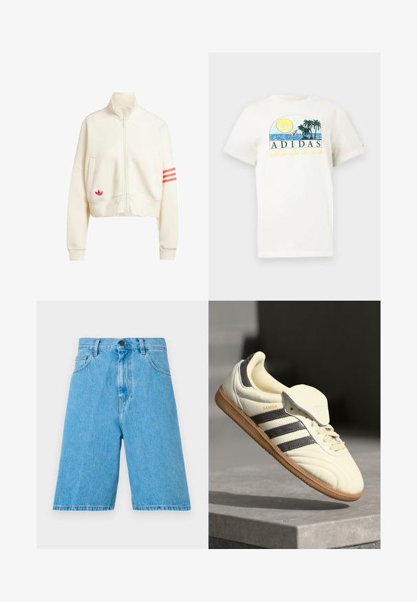 Cropped cream zip-up jacket made of soft fabric, featuring a high collar, side pockets, and red three-stripe accents on the left sleeve.; White cotton t-shirt featuring a graphic design with a sun, palm trees, and water. "ADIDAS Sports Club" printed in green and yellow.; Light blue denim shorts with a relaxed fit, featuring belt loops, a button closure, and front pockets. The fabric has a smooth texture.; Cream leather sneaker with three dark stripes, a brown gum outsole, and a rounded toe. Features a foldable tongue labeled "SAMBA."