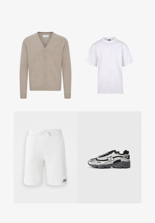 Bež kardigan iz mehkega blaga, z v-izrezom, zapiranjem na sedem gumbov, rebrastimi manšetami in robom ter gladko teksturo.; Bela bombažna majica s krojem na vratu, kratkimi rokavi in ohlapnim fitom. Ima enostaven dizajn brez vzorcev ali dodatkov.; Beli bombažni šort, ki ima elastični pas in vrvico. Ima natisnjeno logo na spodnji levi strani in gladko teksturo.; Srebrni in črni športni čevlji z mrežastim zgornjim delom, oblazinjeno podplatom, vezanjem in podrobnostmi blagovne znamke na strani.