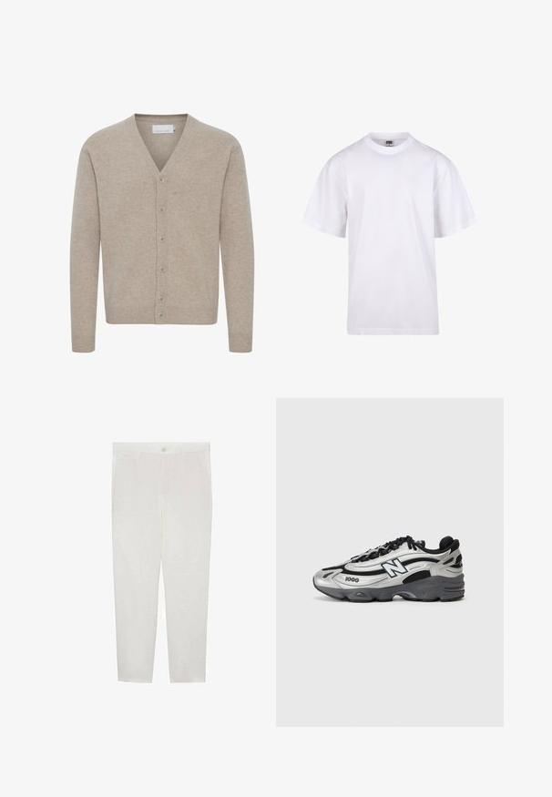 Beige neuletakki, joka on valmistettu pehmeästä kankaasta ja jossa on V-pääntie, seitsemän napin sulkeminen, ribbauskankaiset hihansuut ja helma, sekä sileä pinta.; Valkoinen puuvillapaita, jossa on pyöreä kaula-aukko, lyhyet hihat ja rento leikkaus. Ominaisuuksina yksinkertainen muotoilu ilman kuvioita tai yksityiskohtia.; Mango Chinot - white; Hopeanväriset ja mustat urheilukengät, joissa on verkkosynteettinen päällinen, pehmustettu pohja, nauhakiinnitys ja sivupainatus.