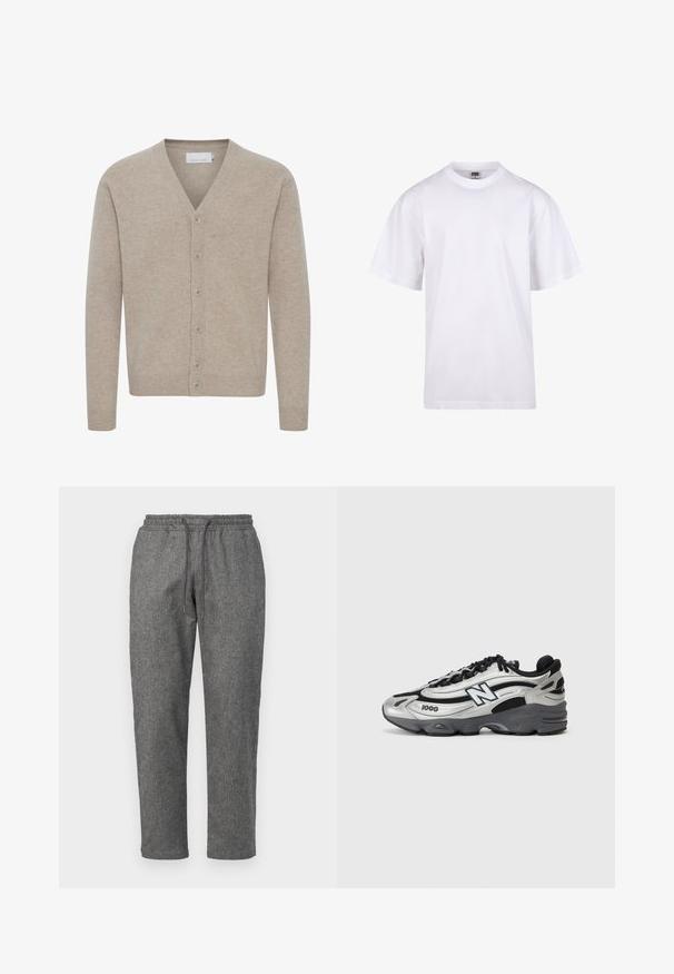 Bežový cardigan vyrobený z měkké látky, s výstřihem do V, zapínáním na sedm knoflíků, žebrovanými manžetami a lemem, a s hladkým povrchem.; Bílé bavlněné tričko s kulatým výstřihem, krátkými rukávy a volným střihem. Má jednoduchý design bez vzorů nebo akcentů.; Šedé pletené teplákové kalhoty s páskem na stažení v pase, zúženými nohavicemi a jemným texturovaným vzorem po celé látce.; Stříbrné a černé sportovní boty s síťovanou vrstvou, polstrovanou podrážkou, šněrováním a detailem bočního značení.