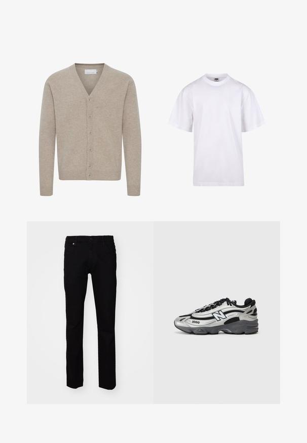 Cardigan beige hecho de un tejido suave, con escote en V, cierre de siete botones, puños y dobladillo de canalé, y una textura lisa.; Camiseta blanca de algodón con cuello redondo, mangas cortas y un corte relajado. Presenta un diseño liso sin patrones ni detalles.; Jeans de mezclilla negra con un corte ajustado. Las características incluyen un cierre frontal con botón, presillas para cinturón y un diseño tradicional de cinco bolsillos. Textura suave.; Zapatillas deportivas plateadas y negras con parte superior de malla, suela acolchada, diseño de cordones y detalle de marca en el costado.