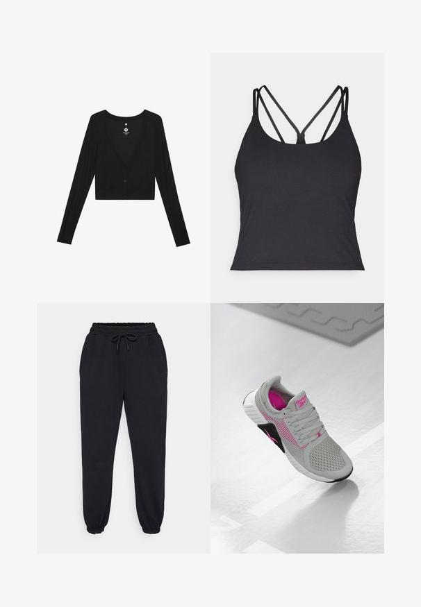 Črn skrajšan kardigan z dolgimi rokavi, globokim V-izrezom in gumbom za zapiranje. Narejen iz rebraste tkanine, ki se ponaša z gladko teksturo in prilegajočim krojem.; Črna majica brez naramnic z ozkimi naramnicami in križnim dizajnom na hrbtu. Narejena je iz mehkega in raztegljivega materiala ter ima oprijet silhueto.; Črne trenirke iz mehkega materiala, ki imajo elastični pas z vrvico, stranske žepe in elastične manšete na gležnjih.; Sivi in roza Reebok športni čevlji z mrežastim zgornjim delom in podrobno podplatom, prikazani na odsevni beli površini.