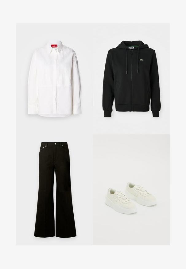 Schwarzer Reißverschluss-Hoodie aus weichem Stoff. Mit einer Kapuze mit Kordelzug, gerippten Bündchen, Seitentaschen und einem kleinen grünen Logo auf der Brust.; Weißes Hemd mit einer Vorderblende, die vertikale Falten aufweist, langen Ärmeln und einem spitzen Kragen. Etikett innen trägt die Aufschrift "cras." Glatte Stofftextur.; Schwarze Jeans mit hohem Bund und weitem Bein, vorne mit Knopf und Reißverschluss, Gürtelschlaufen und fünf Taschen, darunter eine kleine Münztasche.; Weiße Low-Top-Sneaker mit dicken Sohlen und Schnürsenkeln, versehen mit durchbrochenen Details an den Seiten und im Zehenbereich, auf einem weißen Hintergrund präsentiert.