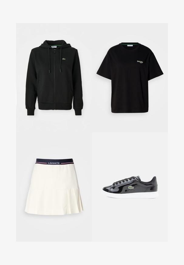 Zwarte rits-hoodie gemaakt van zacht materiaal. Voorzien van een trekkoord kap, ribgebreide manchetten, zijzakken en een klein groen logo op de borst.; Zwarte katoenen t-shirt met korte mouwen, voorzien van een klein groen logo op de linkerkant van de borst. Klassieke ronde hals en een relaxte pasvorm.; Witte geplooide rok met een marineblauwe tailleband, voorzien van een Lacoste-logo en rode accenten. Gemaakt van een gladde, zachte stof.; Zwarte lakleren sneaker met witte zool, voorzien van zwarte veters en een groene geborduurde krokodillenlogo aan de zijkant.