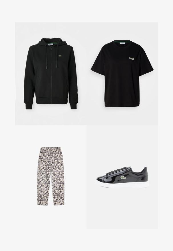 Svart zip-up hoodie i mjukt material. Har en justerbar huva, ribbade ärmar, sidofickor och en liten grön logotyp på bröstet.; Svart bomullströja med kort ärm, med en liten grön logotypaccent på vänster bröst. Klassisk rund halsringning, avslappnad passform.; Beiga byxor med elastiskt midjeband, knappstängning och svart geometriskt mönster som visar stiliserade löparfigurer i rutor.; Svart patentläder sneaker med vit sula, med svarta snören och en grön broderad krokodil-logotyp på sidan.