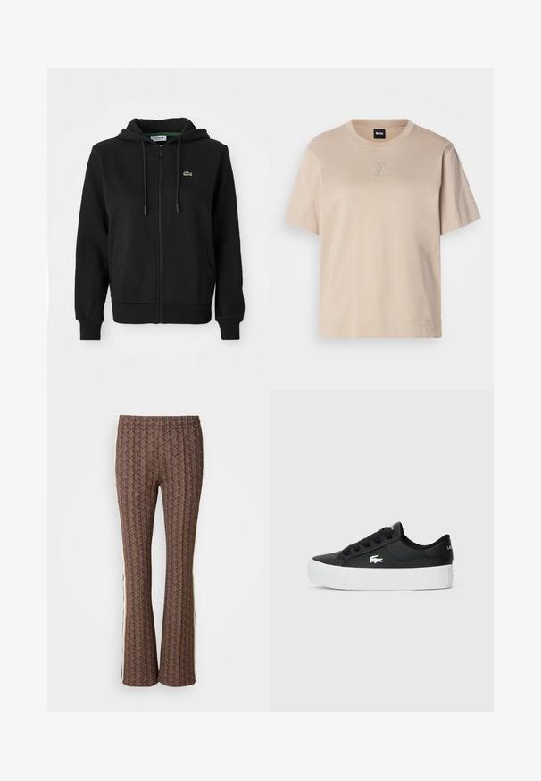 Melnas džemperis ar rāvējslēdzēju, izgatavots no mīkstas auduma. Tam ir regulējams kapucis, ribotas aproces, sānu kabatas un neliels zaļš logo uz krūtīm.; Beigā krāsa īsām piedurknēm kokvilnas T-kreklam ar apaļu kakla izgriezumu un nelielu izšūtu pārklājošu "B" logotipu centrā uz priekšu.; Brūnas ar rakstu platās bikses ar tekstūrētu dizainu, kurām ir sānu svītras. Elastīga jostasvieta komfortam.; Melnas zemas sporta kurpes, kas izgatavotas no sintētiska materiāla, ar baltu gumijas zoli, melnu auklu un mazu balto logotipu sānu daļā.