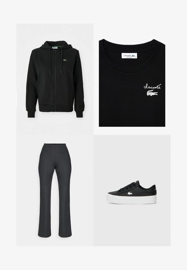 Svart zip-up hettegenser laget av myk stoff. Har snor i hetta, ribbestrikkede mansjetter, sidelommer og en liten grønn logo på brystet.; Svart bomulls T-skjorte med rund hals. Har en hvit "Lacoste" logo og krokodillegrafikk på brystet. Løs passform, størrelse 36.; Ribbestrikkede, svarte flare-bukser med høy midjebånd. Stoffet har en glatt tekstur og en strukturert design, som går ut til en løs passform ved ankler.; Sorte lavtopp sneakers laget av syntetisk materiale, med hvit gummisåle, svarte snørebånd og en liten hvit logo på siden.