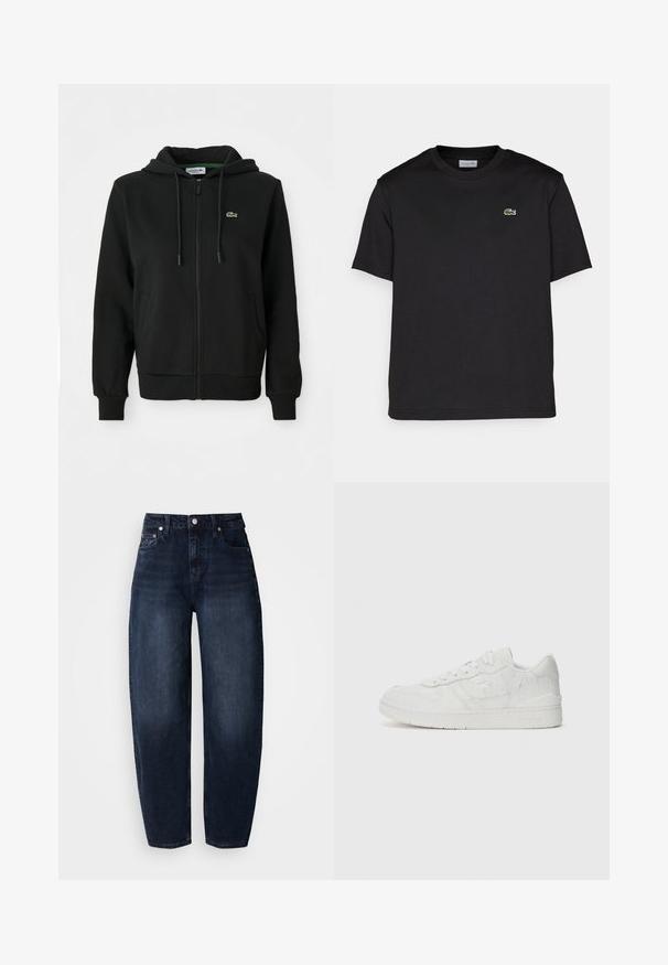 Sweatshirt preto com fecho éclair, feito de tecido macio. Apresenta capuz com cordão, punhos canelados, bolsos laterais e um pequeno logotipo verde no peito.; T-shirt de algodão preta com decote redondo, mangas curtas e um pequeno logo verde bordado no lado esquerdo do peito. Design simples.; Calças de ganga azul escuro com corte amplo, com cintura alta, design de perna reta e estilo clássico de cinco bolsos.; Lacoste T CLIP 125 - Sapatilhas - white