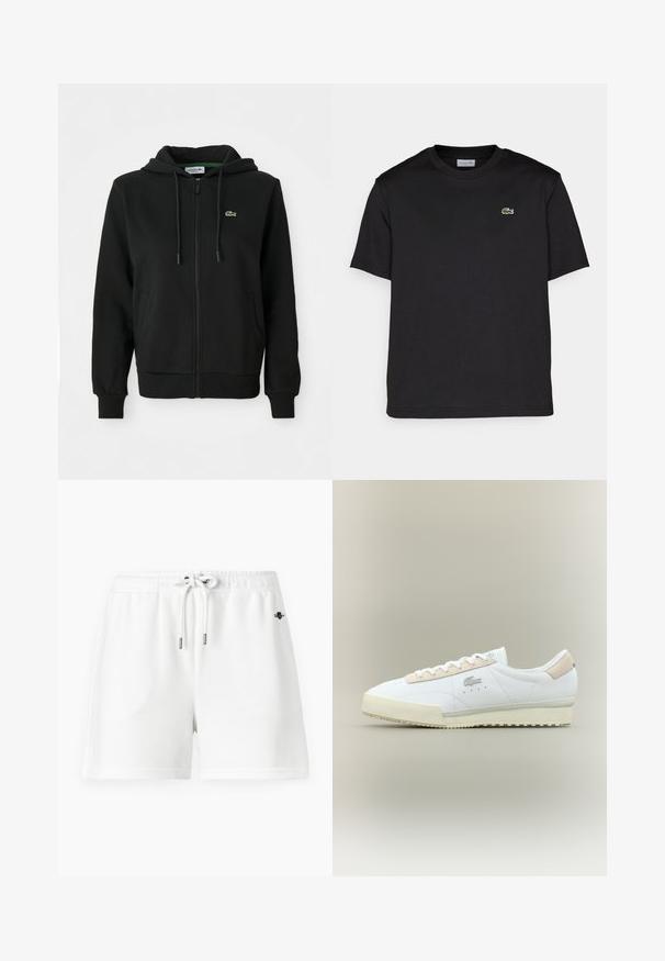 Μαύρη ζακέτα με φερμουάρ φτιαγμένη από μαλακό ύφασμα. Διαθέτει κουκούλα με κορδόνι, ράφια με ρίγες, πλάγιες τσέπες και ένα μικρό πράσινο λογότυπο στο στήθος.; Μαύρη βαμβακερή μπλούζα με στρογγυλή λαιμόκοψη, κοντά μανίκια και μικρό πράσινο κεντημένο λογότυπο στη αριστερή πλευρά του στήθους. Απλή σχεδίαση.; Λευρές σορτές ιδρώτα με ελαστική μέση και κορδόνι. Μαλακό βαμβακερό υλικό, με ελάχιστες ραφές και ένα μικρό λογότυπο.; Λευκά δερμάτινα αθλητικά παπούτσια με μπεζ σουέτ λεπτομέρεια. Διαθέτουν στρογγυλή μύτη, επίπεδα κορδόνια και υφή στην σόλα. Λογότυπο Lacoste στο πλάι.