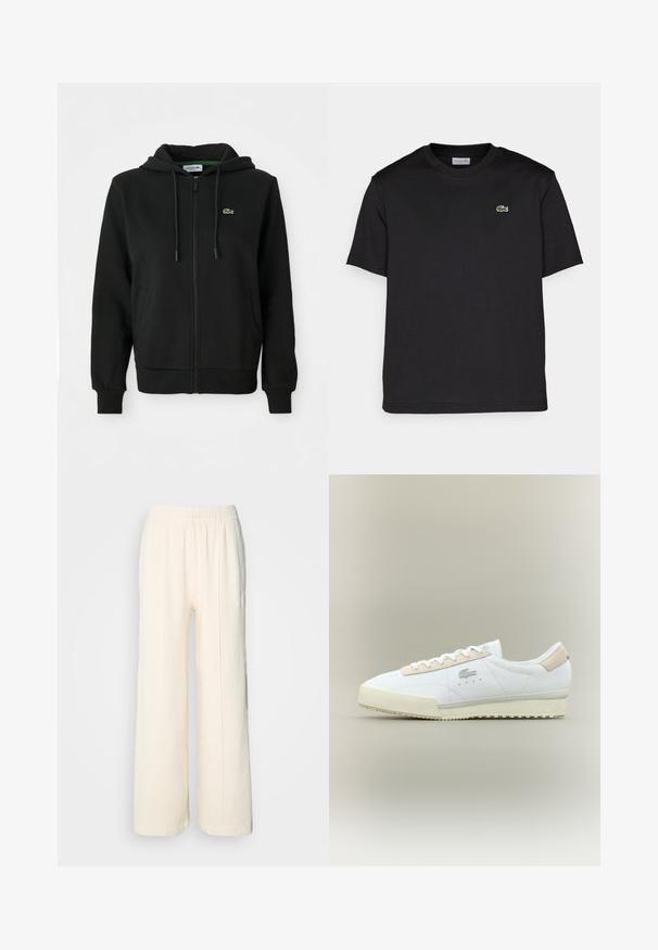 Svart zip-up hettegenser laget av myk stoff. Har snor i hetta, ribbestrikkede mansjetter, sidelommer og en liten grønn logo på brystet.; Svart bomull T-skjorte med rund hals, korte ermer og en liten grønn brodert logo på venstre bryst. Enkelt design.; Lacoste Joggebukse - lapland; Hvit lær sneakers med en beige semsket aksent. Har rund tå, flate lisser og en strukturert såle. Lacoste-logo på siden.