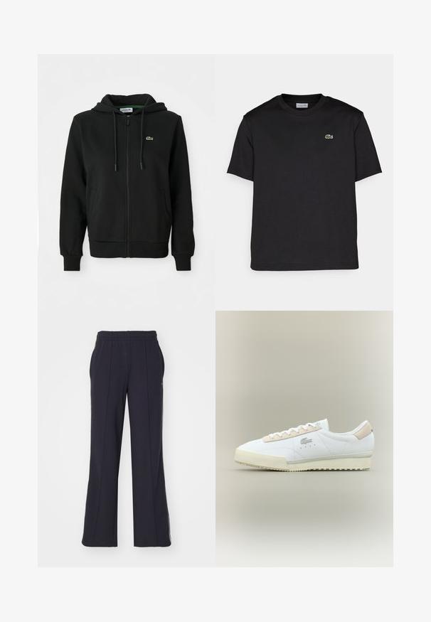 Melnas džemperis ar rāvējslēdzēju, izgatavots no mīkstas auduma. Tam ir regulējams kapucis, ribotas aproces, sānu kabatas un neliels zaļš logo uz krūtīm.; Melna kokvilnas T-krekls ar apaļu kakla izgriezumu, īsām piedurknēm un mazu zaļu izšūtu logotipu kreisajā krūtīs. Vienkāršs dizains.; Lacoste Treniņtērpa apakšdaļas - abysm; Balti ādas sporta apavi ar bežā zamša akcentu. Aprīkoti ar noapaļotu purngalu, plakaniem šņorēm un tekstošu zoli. Lacoste logo uz sāniem.
