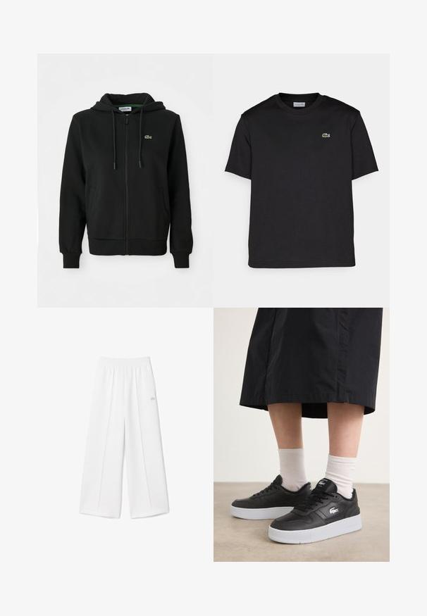 Melnas džemperis ar rāvējslēdzēju, izgatavots no mīkstas auduma. Tam ir regulējams kapucis, ribotas aproces, sānu kabatas un neliels zaļš logo uz krūtīm.; Melna kokvilnas T-krekls ar apaļu kakla izgriezumu, īsām piedurknēm un mazu zaļu izšūtu logotipu kreisajā krūtīs. Vienkāršs dizains.; Baltas platās bikses ar elastīgu jostu, mīkstu auduma tekstūru, centrālām krokām un mazu izšūtu Lacoste logo uz sāna.; Melna ādas sporta apavi ar baltu gumijas zoli, ar logotipu sānos, apaļu purngalu un melnām šņorēm. Valkāti ar baltām zeķēm.