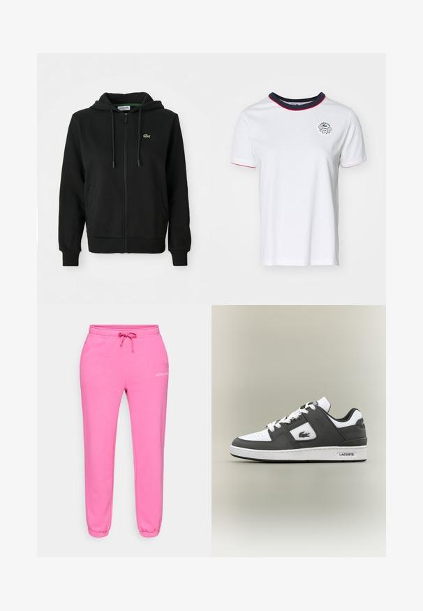 Černá mikina s dlouhým zipem vyrobená z měkké látky. Obsahuje kapuci se šňůrkou, ribbené manžety, postranní kapsy a malé zelené logo na hrudi.; Bílá bavlněná tričko s kulatým námořnickým límcem, červenými okraji a potiskem loga Lacoste Tennis Club na hrudi. Krátké rukávy, pravidelný střih.; Růžové tepláky vyrobené z měkké bavlněné směsi, s pružným pasem na šňůrku, žebrovanými manžetami a malým logem vytištěným na stehně.; Černobílé tenisky Lacoste s bílými šňůrkami, perforovanou špičkou, krokodýlím logem na boku a značkovou podrážkou na neutrálním pozadí.