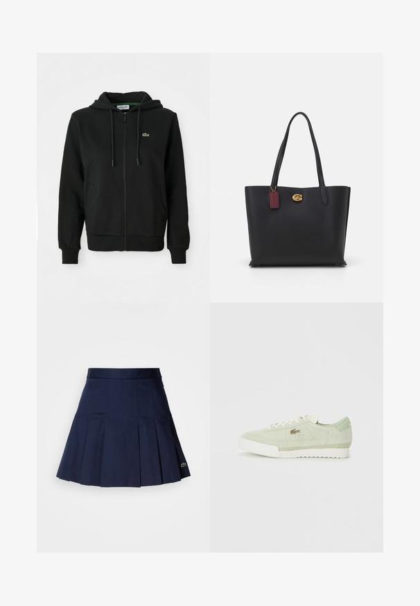 Fekete cipzáras kapucnis pulóver puha szövetből. Zsinóros kapucnival, bordás mandzsettákkal, oldalsó zsebekkel és egy kicsi zöld logóval a mellkason.; Fehér pamut póló, kerek nyakkivágással és rövid ujjakkal. A mellkason zöld hímzett logóval rendelkezik. Puha tapintású, laza szabású.; Tengerészkék, pliszírozott szoknya, illeszkedő derékkal, sima anyagból készült. A szegélyén egy kis Lacoste logó található.; Világos zöld velúrból készült sportcipő, fehér talppal és fűzőkkel, alacsony fazonú, kis fémtetkóval az oldalon.; Fekete bőr táska két hosszú fogantyúval, texturált felülettel, aranyszínű fém kiegészítőkkel és burgundi címkével. Tágas kialakítás, nyitott tetejű.