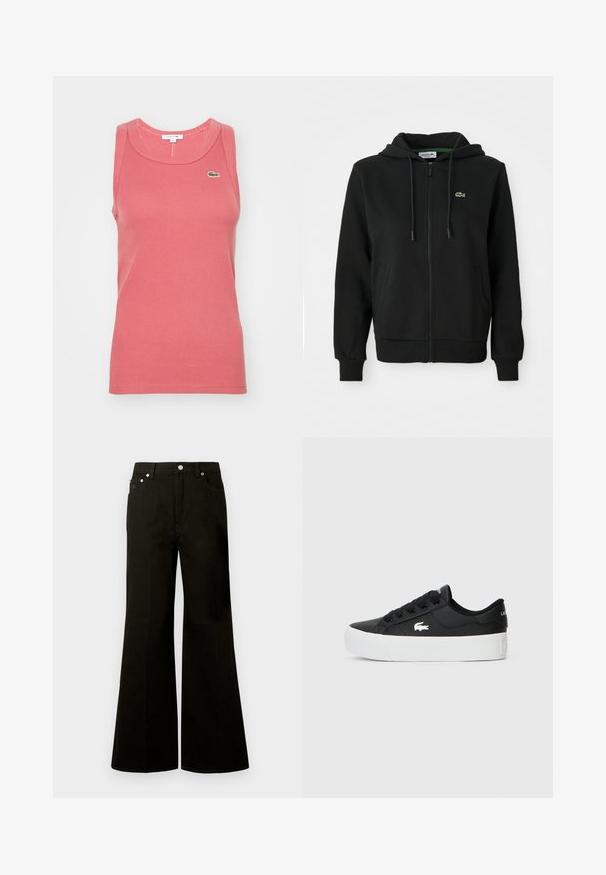 Svart zip-up hettegenser laget av myk stoff. Har snor i hetta, ribbestrikkede mansjetter, sidelommer og en liten grønn logo på brystet.; Rosa ribbet tanktopp med rund hals og ermeløs design. Har en liten grønn Lacoste-logo på brystet.; Svarte jeans med høyt liv og vide ben, foran med knapper og glidelås, beltehemper og fem lommer, inkludert en liten myntlomme.; Sorte lavtopp sneakers laget av syntetisk materiale, med hvit gummisåle, svarte snørebånd og en liten hvit logo på siden.