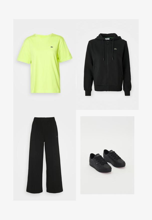 Must mustaga vendatav kapuutsiga ja pehme kangaga. Omab reguleeritavat kapuutsi, soonikuga varrukaotsi, küljetaskuid ja väikest rohelist logo rinnal.; Lacoste Lihtne T-särk - firefly; Mustad laiad püksid elastse vöökohtaga. Valmistatud pehmest ja kergest materjalist. Ees on vertikaalsed õmblused.; Mustad mustad madalate tossud, mis on valmistatud siledast materjalist, paksete paeltega, kareda tallaga ning väikese logoga küljel ja keelega.