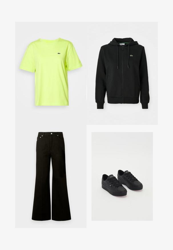 Sort zip-up hoodie lavet af blødt stof. Har en hætte med snoretræk, ribbede manchetter, sidelommer og et lille grønt logo på brystet.; Lacoste T-shirts basic - firefly; Sorte jeans med høj talje og vide ben, foran med knap og lynlås, bæltestropper og fem lommer inklusive en lille møntlomme.; Sorte lavtop sneakers lavet af glat materiale, med tykke snørebånd, en struktureret sål og et lille logo på siden og tungen.