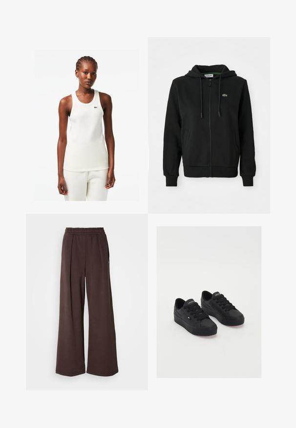Black zip-up hoodie made of soft fabric. Features a drawstring hood, ribbed cuffs, side pockets, and a small green logo on the chest.; White ribbed tank top with a round neckline and green Lacoste logo on the chest, paired with matching white pants.; Brown wide-leg pants with an elastic waistband and side pockets. Made of soft fabric with a smooth texture and clean, simple design.; Black low-top sneakers made of smooth material, featuring thick laces, a textured sole, and a small logo on the side and tongue.