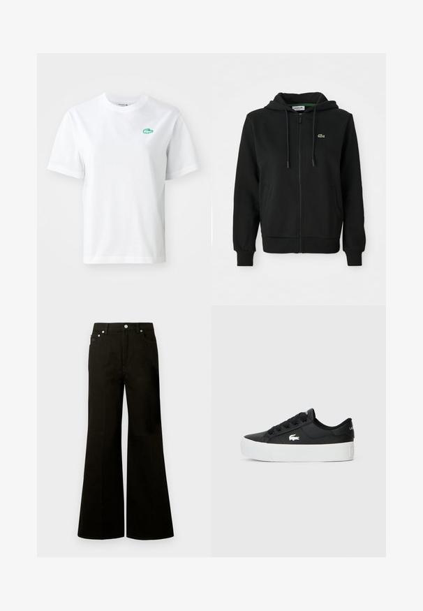 Melnas džemperis ar rāvējslēdzēju, izgatavots no mīkstas auduma. Tam ir regulējams kapucis, ribotas aproces, sānu kabatas un neliels zaļš logo uz krūtīm.; Balta kokvilnas T-kreklu ar īsām piedurknēm, apaļu kakla izgriezumu un mazu zaļu izšūtu krokodila logo kreisajā krūšu daļā.; Melnas džinsa bikses ar augstu vidukli un plašām kājām, priekšpusē ar pogu un rāvējslēdzēju, jostas cilpām un piecām kabatām, t.sk. nelielu monētu kabatiņu.; Melnas zemas sporta kurpes, kas izgatavotas no sintētiska materiāla, ar baltu gumijas zoli, melnu auklu un mazu balto logotipu sānu daļā.