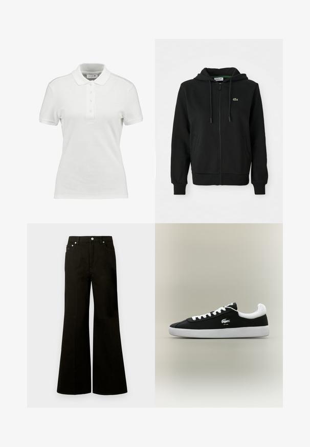 Svart zip-up hoodie i mjukt material. Har en justerbar huva, ribbade ärmar, sidofickor och en liten grön logotyp på bröstet.; Vit polo t-shirt i texturerad bomull, med klassisk krage, treknappslås och en liten Lacoste-logotyp på bröstet.; Svarta högmidjade vida jeans med knappar och dragkedja framtill, bälteshällor och fem fickor, inklusive en liten myntficka.; Svarta låga sneakers med vit sula, vita snörningar och vit krage, med en liten broderad krokodil-logotyp på sidan.