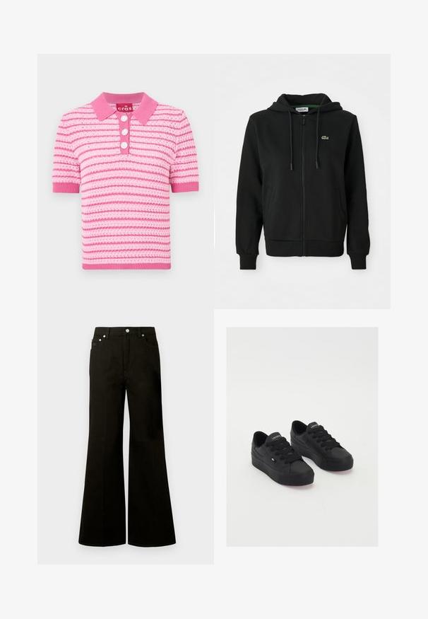 Sudadera con cremallera negra hecha de tela suave. Cuenta con capucha ajustable, puños acanalados, bolsillos laterales y un pequeño logo verde en el pecho.; Camisa polo a rayas rosas con cuello, mangas cortas y cierre de tres botones. El material parece texturizado; con acentos en un rosa más claro.; Vaqueros negros de tiro alto y pernera ancha con botón y cremallera frontales, trabillas para cinturón y cinco bolsillos, incluyendo un pequeño bolsillo para monedas.; Zapatillas bajas negras de material suave, con cordones gruesos, una suela texturizada y un pequeño logo en el lateral y la lengüeta.