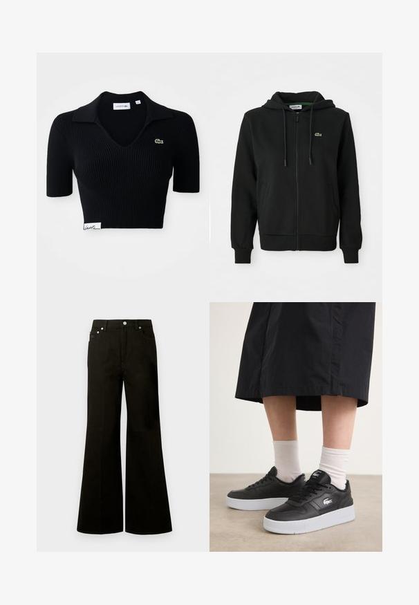 Fekete cipzáras kapucnis pulóver puha szövetből. Zsinóros kapucnival, bordás mandzsettákkal, oldalsó zsebekkel és egy kicsi zöld logóval a mellkason.; Fekete, rövidített polo póló bordás anyagból, V-nyakkivágással, rövid ujjakkal és zöld hímzett logóval a bal mellrészen. Fehér címke az alján.; Fekete, magas derekú, széles szárú farmernadrág elöl gombbal és cipzárral, övbújtatókkal és öt zsebbel, köztük egy kis érmepénztárcával.; Fekete bőr sportcipők fehér gumitalppal, oldalukon logóval, kerek orral és fekete fűzőkkel. Fehér zoknival viselve.