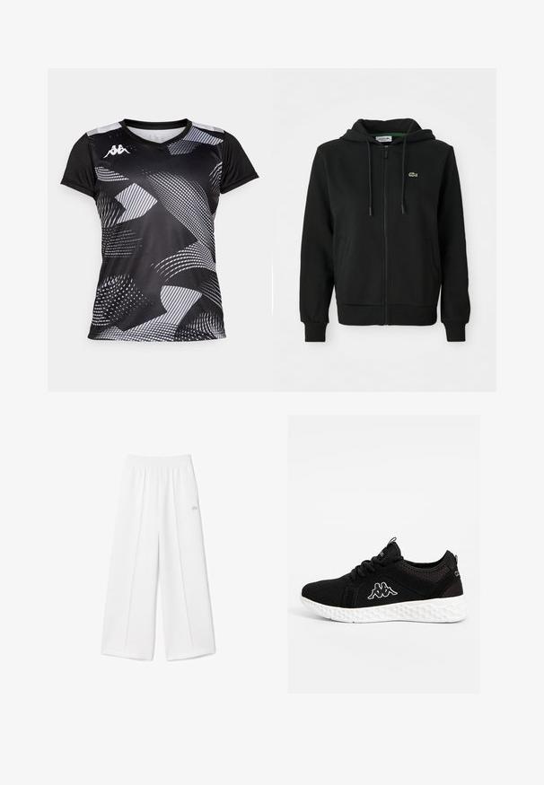 Černá mikina s dlouhým zipem vyrobená z měkké látky. Obsahuje kapuci se šňůrkou, ribbené manžety, postranní kapsy a malé zelené logo na hrudi.; Černé sportovní tričko s abstraktními šedými vzory. Má krátké rukávy a výstřih do V. Vyrobeno z lehkého, prodyšného materiálu.; Bílé kalhoty s širokými nohavicemi, elastickým páskem, jemnou texturou látky, středovými sklady a malým vyšitým logem Lacoste na boku.; Černá sportovní bota s textilním svrškem, bílá gumová podrážka s texturovaným hexagonálním vzorem a bílým logem Kappa na boku.