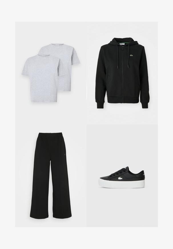 Schwarzer Reißverschluss-Hoodie aus weichem Stoff. Mit einer Kapuze mit Kordelzug, gerippten Bündchen, Seitentaschen und einem kleinen grünen Logo auf der Brust.; Zwei kurzärmlige T-Shirts in Hellgrau, aus weichem Stoff, mit rundem Halsausschnitt und lässigem Schnitt. Jedes Shirt weist minimale Details auf.; Schwarze weit geschnittene Hose mit einem elastischen Bund. Hergestellt aus einem weichen, leichten Material. Mit vertikalen Nähten an der Vorderseite.; Schwarzer Low-Top-Sneaker aus synthetischem Material mit einer weißen Gummisohle, schwarzen Schnürsenkeln und einem kleinen weißen Logo an der Seite.