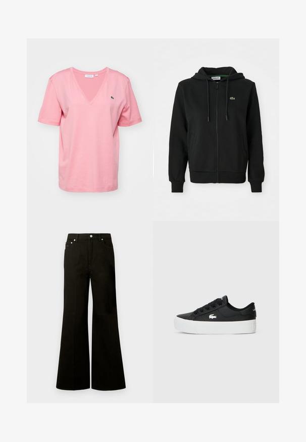 Sort zip-up hoodie lavet af blødt stof. Har en hætte med snoretræk, ribbede manchetter, sidelommer og et lille grønt logo på brystet.; Lyserød bomulds t-shirt med V-hals, korte ærmer og et diskret Lacoste-logo på brystet. Glat tekstur og en afslappet pasform.; Sorte jeans med høj talje og vide ben, foran med knap og lynlås, bæltestropper og fem lommer inklusive en lille møntlomme.; Sort lavtop sneaker lavet af syntetisk materiale, med en hvid gummisål, sorte snørebånd og et lille hvidt logo på siden.