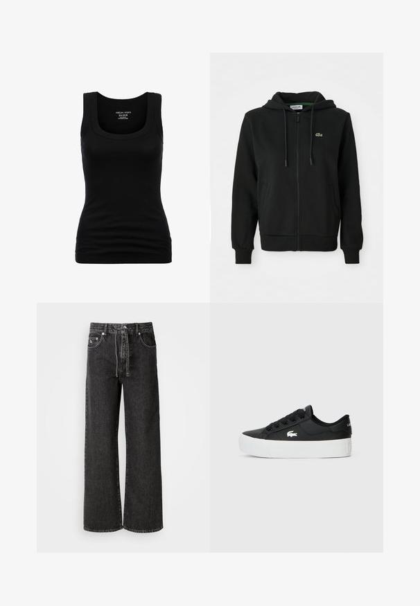 Zwarte rits-hoodie gemaakt van zacht materiaal. Voorzien van een trekkoord kap, ribgebreide manchetten, zijzakken en een klein groen logo op de borst.; Zwarte tanktop met een ronde halslijn en brede schouderbanden, gemaakt van rekbare katoen, met een aansluitende pasvorm en een soepele textuur.; Zwarte wijde jeans gemaakt van denim. Heeft een hoge taille, riemlussen, zijzakken en details in zilver.; Zwarte lage sneaker gemaakt van synthetisch materiaal, met een witte rubberen zool, zwarte veters en een klein wit logo aan de zijkant.