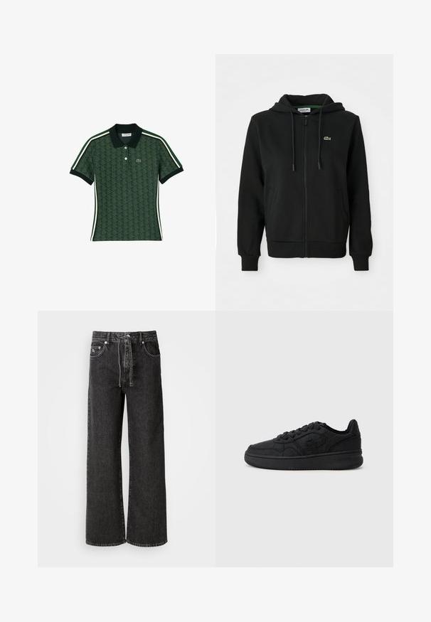 Schwarzer Reißverschluss-Hoodie aus weichem Stoff. Mit einer Kapuze mit Kordelzug, gerippten Bündchen, Seitentaschen und einem kleinen grünen Logo auf der Brust.; Grünes Polohemd mit geometrischem Muster, kontrastierendem dunklen Kragen und weißen Seitenstreifen. Knöpfe und Logo auf der Brust.; Schwarze weit geschnittene Jeans aus Denim. Mit hoher Taille, Gürtelschlaufen, Vorderaschen und silbernen Hardwaredetails.; Schwarzer Sportlicher Sneaker mit einer strukturierten Oberfläche und geometrischen Mustern, gepolstertem Kragen und Gummisohle, entworfen für Komfort und Stil.