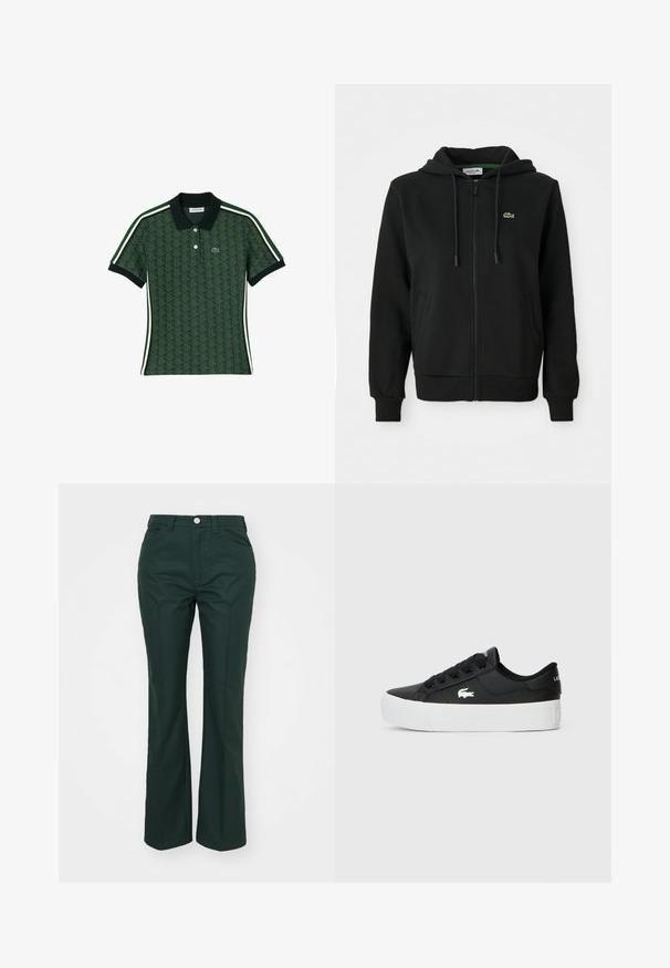 Svart zip-up hoodie i mjukt material. Har en justerbar huva, ribbade ärmar, sidofickor och en liten grön logotyp på bröstet.; Grön polotröja med geometriskt mönster, med en kontrasterande mörk krage och vita sidosträck. Knappar och logotyp på bröstet.; Gröna, utsvängda byxor i ett mjukt, strukturerat tyg. Har en knappstängning fram, bälteshällor och två sidofickor.; Svart lågtopp sneaker gjord av syntetiskt material, med en vit gummisula, svarta snörningar och en liten vit logotyp på sidan.