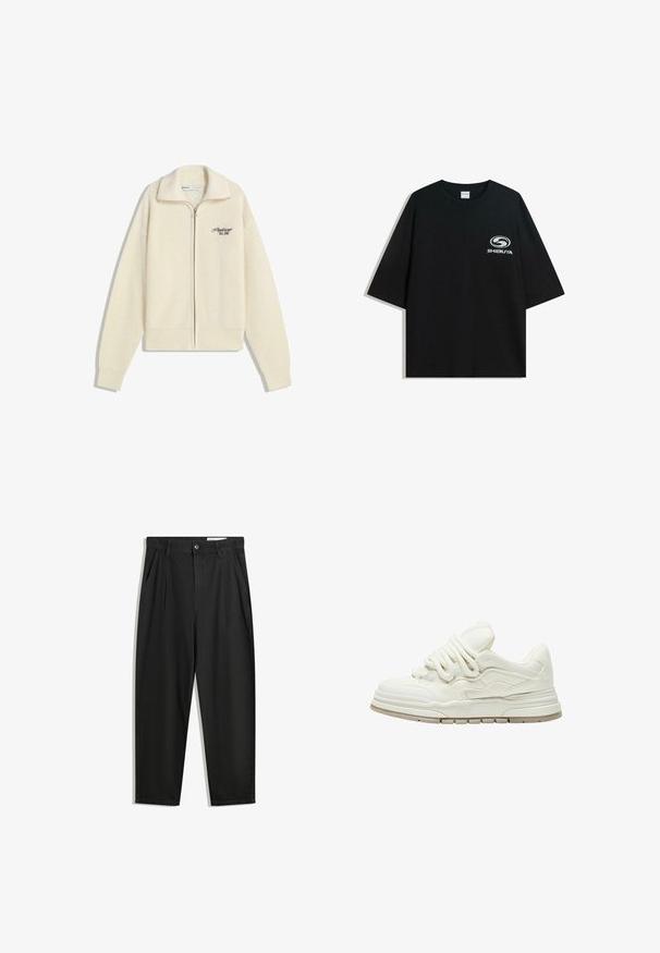 Krémový pletený sveter na zips s golierom a čiernym vyšitým textom na hrudi, ktorý znie "Profesionál, založený 2001."; Čierne oversize bavlnené tričko s okrúhlym výstrihom a krátkymi rukávmi, s bielym logom "Shibuya" potlačeným na prednej strane.; Čierne bavlnené nohavice s voľným strihom, s klasickým pásom, prednými záhybmi a bočnými vreckami. Hladká textúra bez vzorov.; Biele tenisky s textúrovaným povrchom a výraznými šnúrkami. Majú hrubú, viacvrstvovú pätu a jemné dizajnové akcenty na stranách.