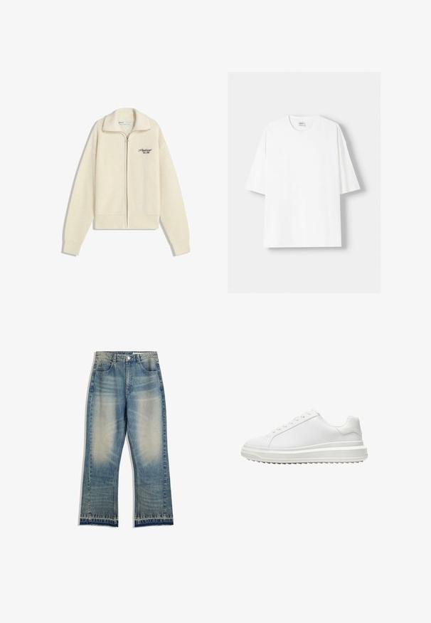 Cremfarbener Strick-Zip-Hoodie mit Kragen und schwarzem gesticktem Text auf der Brust, der "Professional Est. 2001" liest.; Weißes kurzärmliges T-Shirt aus Baumwolle mit Rundhalsausschnitt und lockerer Passform. Glatte Textur, ohne sichtbare Muster oder Akzente.; Hellblaue Jeans aus Denim mit einem leicht verwaschenen Finish, schmal geschnittenem Bein, fünf Taschen und rohen Saumdetails. Keine sichtbaren Hardware-Akzente.; Weißer Sneaker mit einem glatten synthetischen Obermaterial, runder Spitze, flachen Schnürsenkeln, strukturiertem Sohlen und einem geschichteten, Plattform-Design für zusätzlichen Halt.