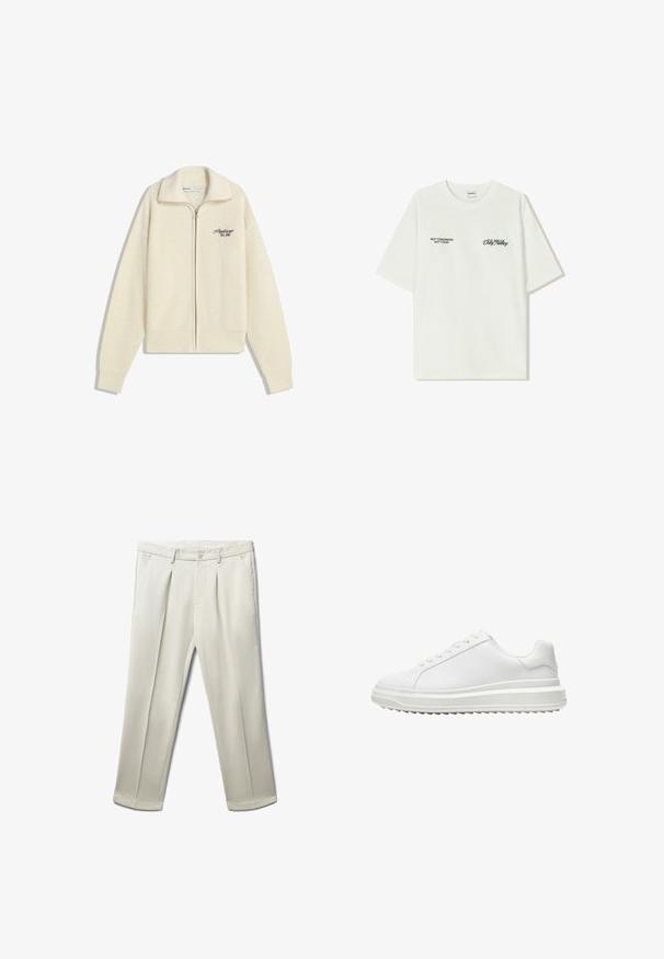 Cremfarbener Strick-Zip-Hoodie mit Kragen und schwarzem gesticktem Text auf der Brust, der "Professional Est. 2001" liest.; Weißes Baumwoll-T-Shirt mit kurzen Ärmeln. Auf der Vorderseite befindet sich schwarzer Text: „NICHT MORGEN NICHT HEUTE“ und „DIE KUNST DES DIRT MOVING“ in grüner Schrift.; Falt-Hose aus leicht beigem Stoff, mit zwei vorderen Taschen und einem Einzelknopfverschluss, geradem Beinverlauf und glatter Textur.; Weißer Sneaker mit einem glatten synthetischen Obermaterial, runder Spitze, flachen Schnürsenkeln, strukturiertem Sohlen und einem geschichteten, Plattform-Design für zusätzlichen Halt.