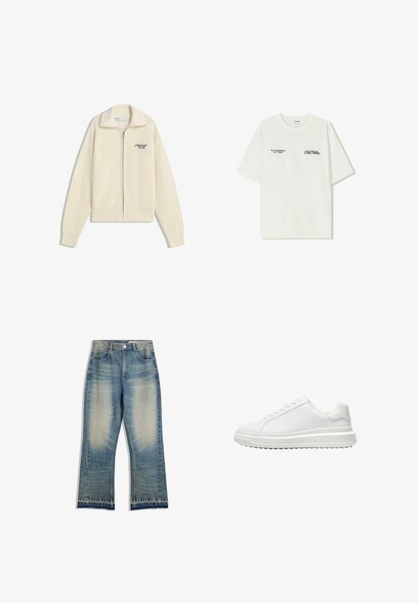 Kremowy sweter na zamek z kołnierzykiem i czarnym haftowanym napisem na piersi "Profesjonalista. Założony w 2001 roku."; Biała bawełniana koszulka z krótkim rękawem. Z przodu znajduje się czarny napis: „NIE JUTRO, NIE DZIŚ” oraz „SZTUKA RUCHU BRUDU” w zielonym skrypcie.; Jasnoniebieskie dżinsy z lekkim przetarciem, proste nogawki, pięć kieszeni oraz surowe detale przy dołach. Brak widocznych metalowych akcentów.; Białe sneakersy z gładką syntetyczną cholewką, okrągłym noskiem, płaskimi sznurowadłami, teksturowana podeszwa oraz warstwowym, platformowym designem dla dodatkowej wysokości.