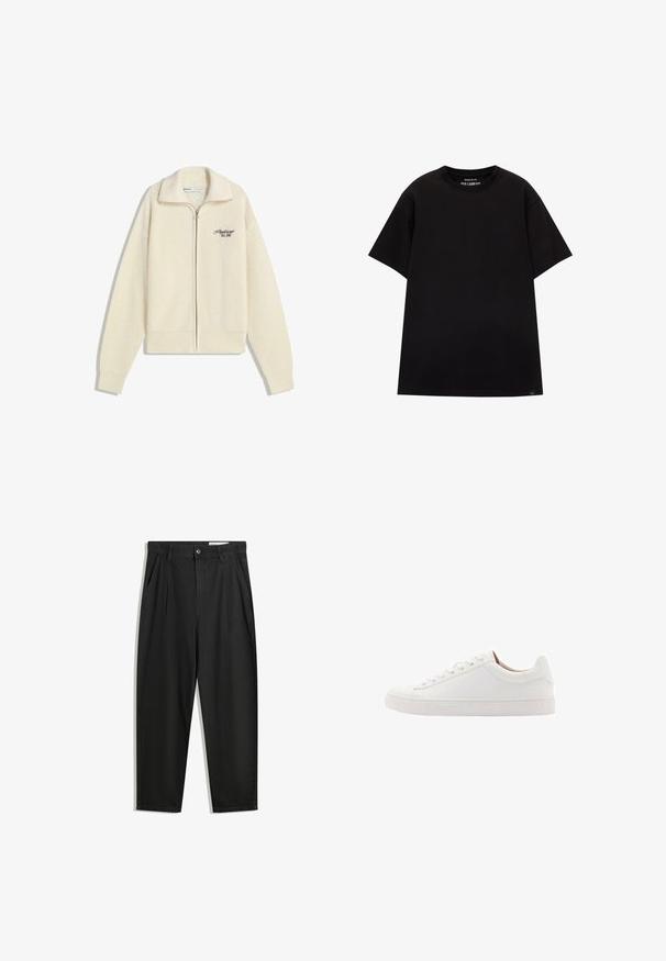 Maglione a zip in maglia cream con collo e testo ricamato in nero sul petto che recita "Professionista. Fondato nel 2001."; PULL&BEAR JOIN LIFE - T-shirt basic - black; Pantaloni in cotone neri con una vestibilità rilassata, dotati di una vita classica, pieghe frontali e tasche laterali. Tessuto liscio senza fantasie.; Sneaker in pelle bianca con design low-top, punta arrotondata e sei occhielli per i lacci. Presenta una texture liscia e dettagli di cucitura minimi.