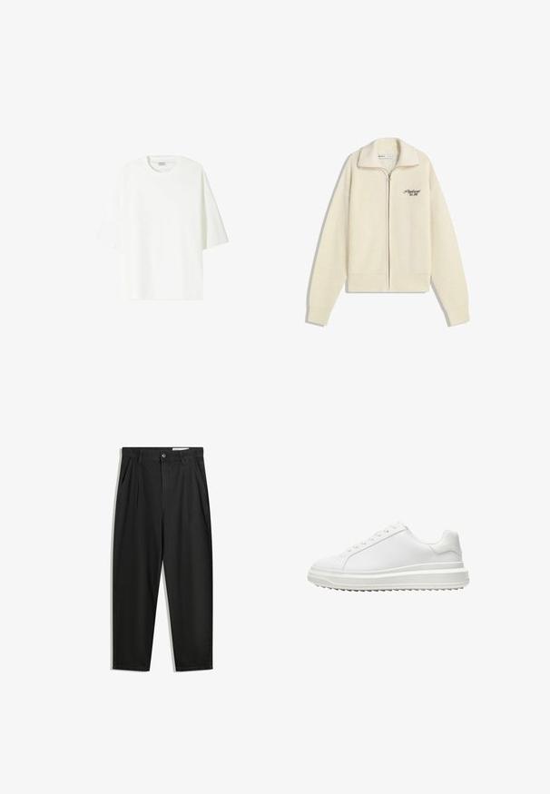 Cream knit zip-up sweater with collar and black embroidered text on chest reading "Professional Est. 2001."; White short-sleeve t-shirt made of cotton, featuring a crew neckline and a relaxed fit with straight hemline.; Black cotton trousers with a relaxed fit, featuring a classic waistband, front pleats, and side pockets. Smooth texture without patterns.; White sneaker with a smooth synthetic upper, round toe, flat laces, textured sole, and a layered, platform design for added height.