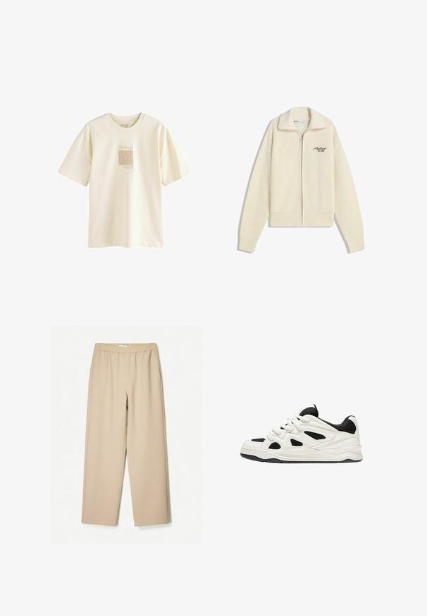 Cream knit zip-up sweater with collar and black embroidered text on chest reading "Professional Est. 2001."; Cream-colored t-shirt made of soft cotton, featuring a minimalist Picasso-inspired graphic print in a slightly textured design.; Beige wide-leg pants with an elastic waistband, made of soft fabric, and featuring a smooth texture and minimal stitching details.; White and black athletic shoes with a textured sole, featuring cut-out designs on the sides and laces, and a cushioned back for support.