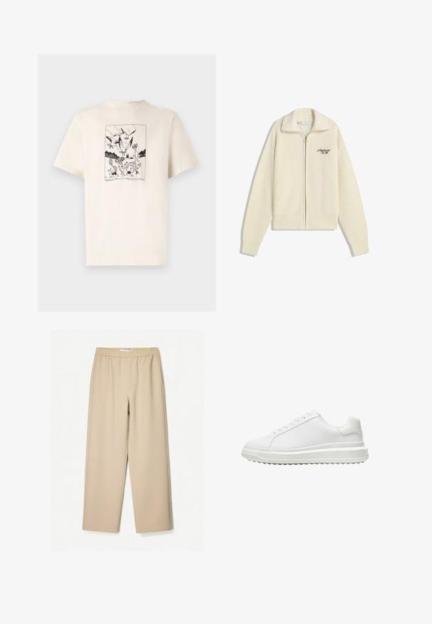 Cream knit zip-up sweater with collar and black embroidered text on chest reading "Professional Est. 2001."; Cream cotton t-shirt with short sleeves, featuring a black graphic print of birds and figures in a bordered design on the front.; Beige wide-leg pants with an elastic waistband, made of soft fabric, and featuring a smooth texture and minimal stitching details.; White sneaker with a smooth synthetic upper, round toe, flat laces, textured sole, and a layered, platform design for added height.