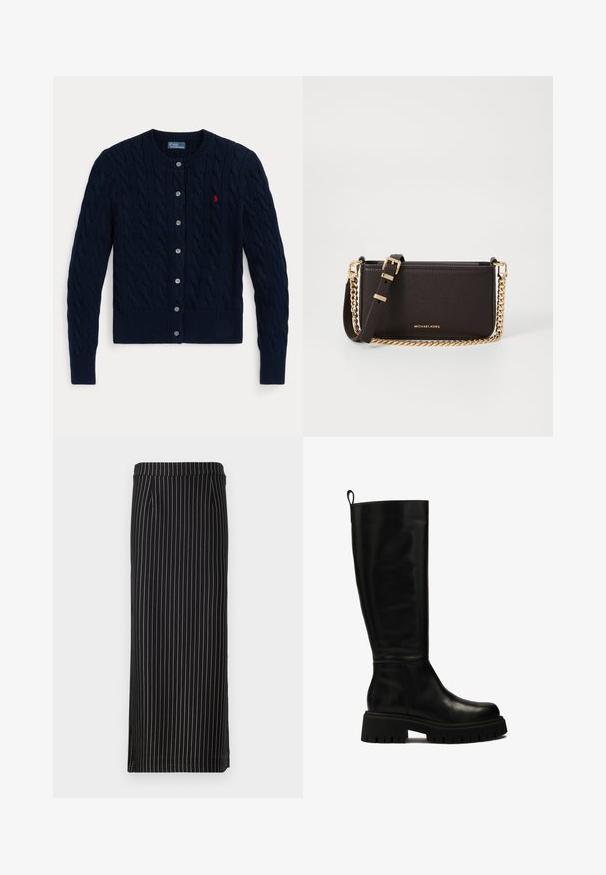 Cárdigan de punto azul marino con un patrón de cables, puños y dobladillo acanalados, seis botones y un pequeño logo rojo en el pecho izquierdo.; Camisa blanca de botones con mangas largas, cuello estructurado y dobladillo redondeado. Hecha de una tela lisa y sólida sin patrones ni acentos visibles.; Falda lápiz negra con rayas verticales en blanco y tonos claros, con cinturilla y dos bolsillos laterales. Textura de tela suave.; Botas de cuero negras hasta la rodilla con un diseño elegante, punta redondeada y suela de goma gruesa con profundas ranuras y una lengüeta en la parte superior.; MICHAEL Michael Kors BRYANT SM XBODY POUCHETTE - Bandolera - chocolate