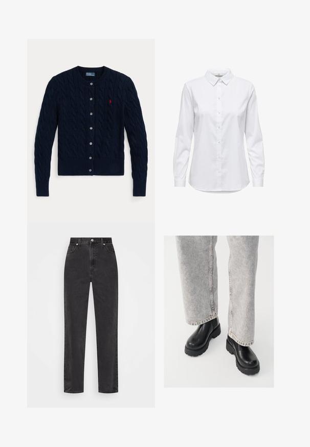 Tengerészkék kötött kardigán, amely kötött mintával, bordázott mandzsettákkal és szegéllyel, hat gombbal és egy kis piros logóval rendelkezik a bal mellrészen.; Fehér, hosszú ujjú, gombos ing, strukturált gallérral és lekerekített aljjal. Zökkenőmentes, egyszínű anyagból készült, látható minták vagy díszítések nélkül.; Fekete, egyenes szárú farmernadrág, magas derékkal, elülső gombbal és cipzárral, valamint öt zsebes stílussal, fehér háttérrel.; Vagabond COSMO - Platform bokacsizmák - black