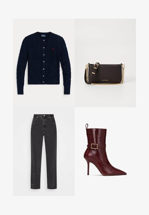 Tmavě modrý pletený svetr na zapínání s copánkovým vzorem, žebrovanými manžetami a lemem, šesti knoflíky a malým červeným logem na levé straně hrudi.; Bílé košile s knoflíky, dlouhými rukávy, strukturovaným límcem a zaobleným lemem. Vyrobeno z hladké, jednolité tkaniny bez viditelných vzorů nebo akcentů.; Černé džíny se rovnými nohavicemi a vysokým pasem, se zapínáním na knoflík a zip, a pěti kapsami na bílém pozadí.; Bordové kožené kotníkové boty s špičatou špičkou a jehlovým podpatkem. Vybaveny postranním pásem se sponou a hladkým povrchem. Zadní poutko pro snadné obouvání.; MICHAEL Michael Kors BRYANT SM XBODY POUCHETTE - Taška s příčným popruhem - chocolate