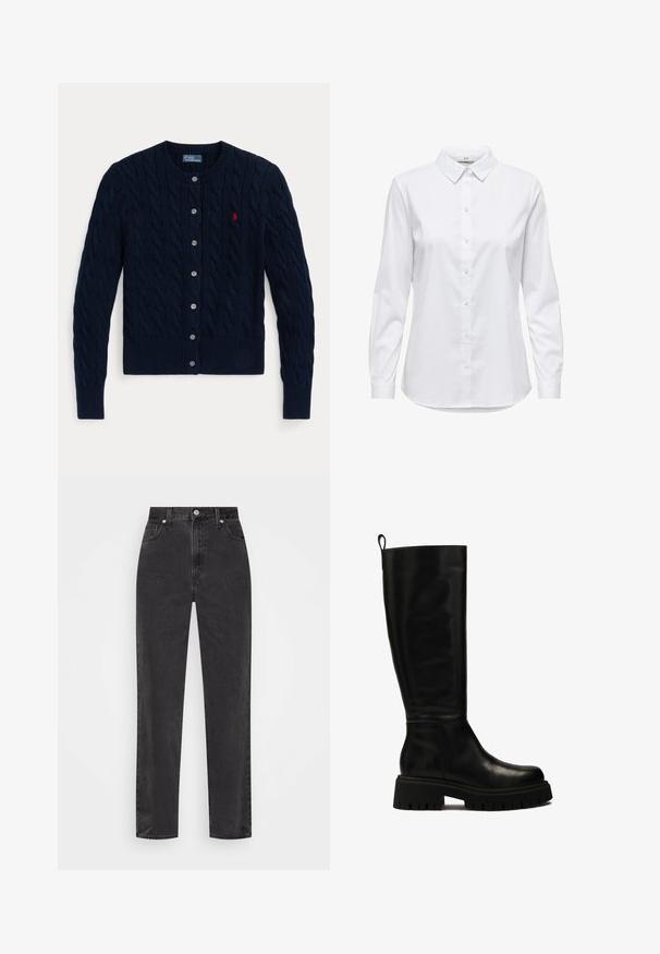 Tmavomodrý pletený kardigán so zapleteným vzorom, rebrovanými manžetami a lemom, šiestimi gombíkmi a malým červeným logom na ľavej strane hrudníka.; Biela košela na gombíky s dlhými rukávmi, štruktúrovaným golierom a zaobleným lemom. Vyrobená z hladkej, jednofarebnej látky bez viditeľných vzorov alebo akcentov.; Čierne džínsy s rovnými nohavicami a vysokým pásom, s predným zapínaním na gombík a zips, a štýlom s piatimi vreckami na bielom pozadí.; Čierne kožené čižmy po kolená so štýlovým dizajnom, zaoblenou špičkou a masívnou gumovou podrážkou s hlbokými drážkami a pútkom na vrchu.