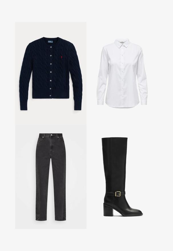 Tmavě modrý pletený svetr na zapínání s copánkovým vzorem, žebrovanými manžetami a lemem, šesti knoflíky a malým červeným logem na levé straně hrudi.; Bílé košile s knoflíky, dlouhými rukávy, strukturovaným límcem a zaobleným lemem. Vyrobeno z hladké, jednolité tkaniny bez viditelných vzorů nebo akcentů.; Černé džíny se rovnými nohavicemi a vysokým pasem, se zapínáním na knoflík a zip, a pěti kapsami na bílém pozadí.; Černé kotníkové boty vyrobené z hladké kůže, se silným podpatkem, zlatým akcentem v podobě spony a elegantním siluetou.